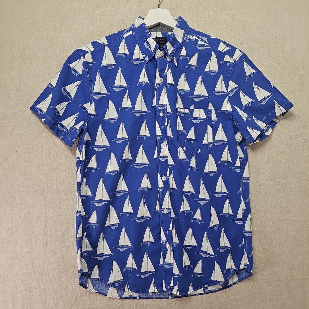 J.Crew Button Down Shirt‎ Men's Medium Blue Sailboat Short Sleeve H4743 Nautical